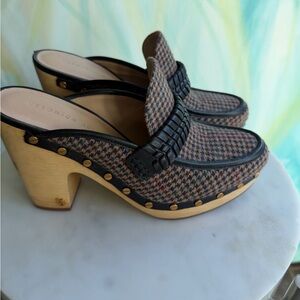 Veronica Beard Plaid Mules with Black Trim